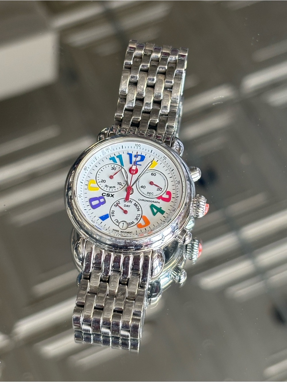 Michele Silver Stainless Steel Bracelet Watch with Multicolor Dial